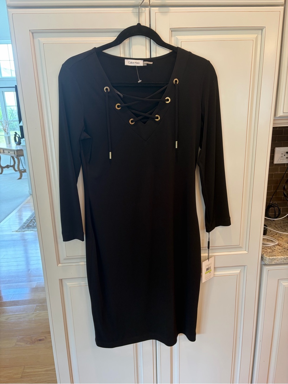 Calvin Klein Black Lace-Up V-Neck Long Sleeve Dress